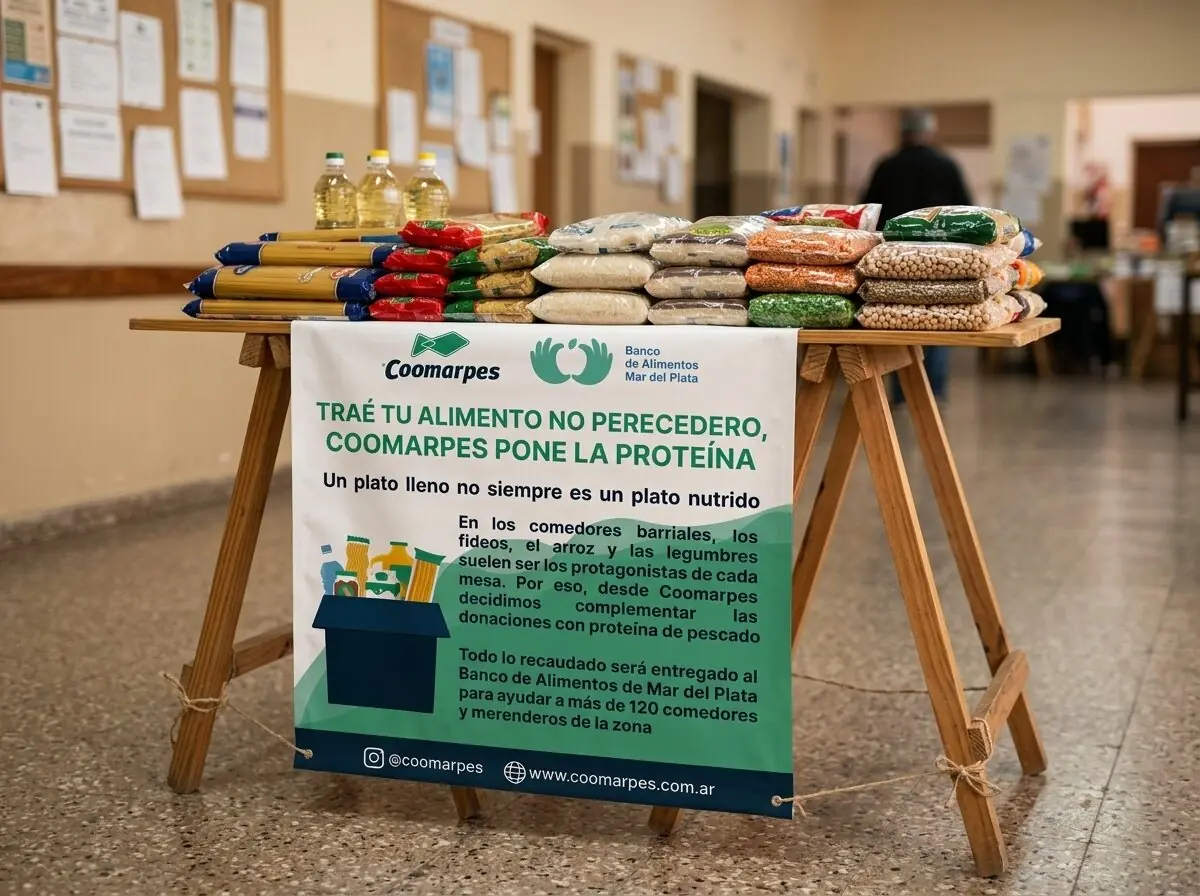 Mockup de la lona de la colecta de alimentos no perecederos de Coomarpes, atada al frente de una mesa con donaciones