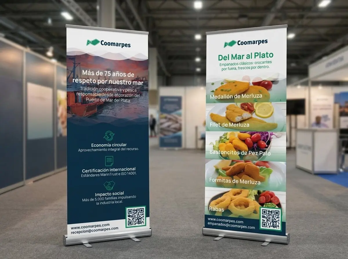 Mockup de los dos roll up de Coomarpes -institucional 75 aniversario y de producto Del Mar al Plato- en una escena de feria